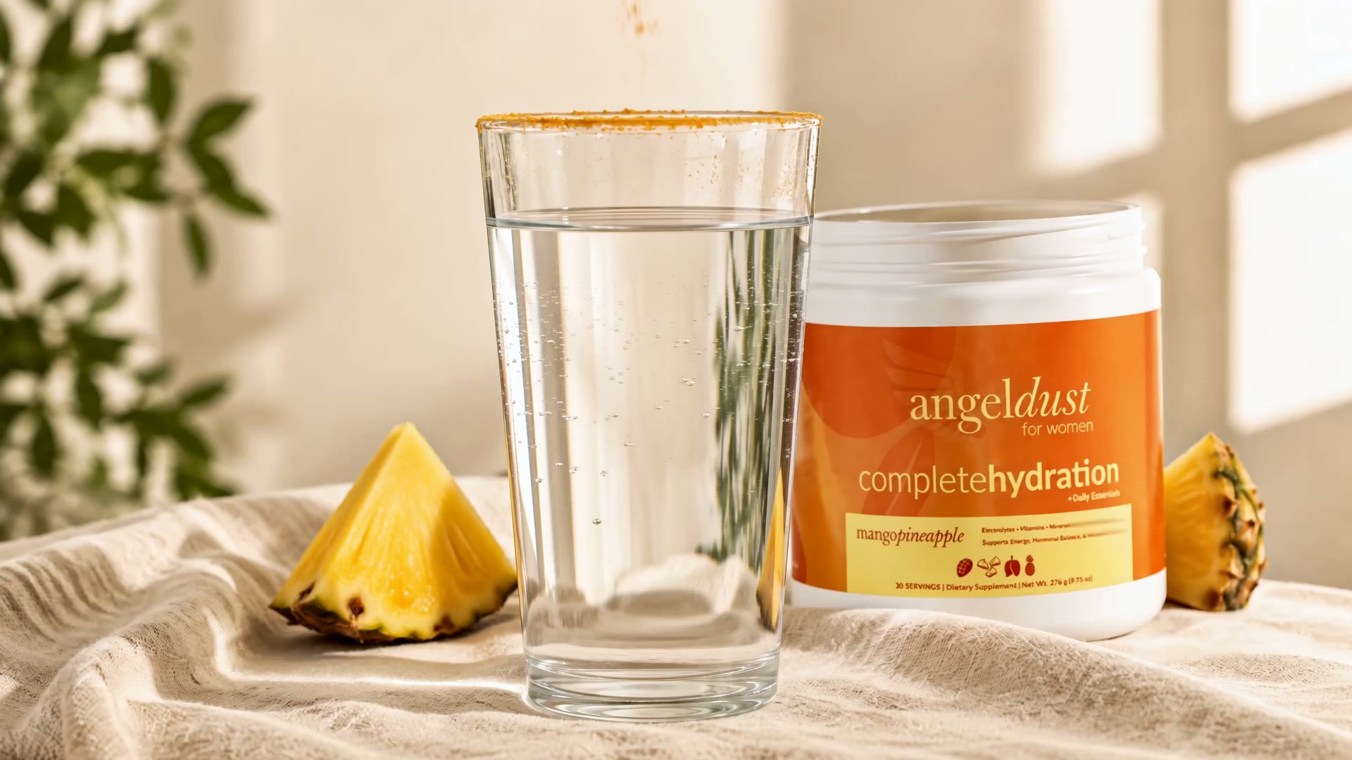 Angel Dust mango pineapple mixing into a glass of water